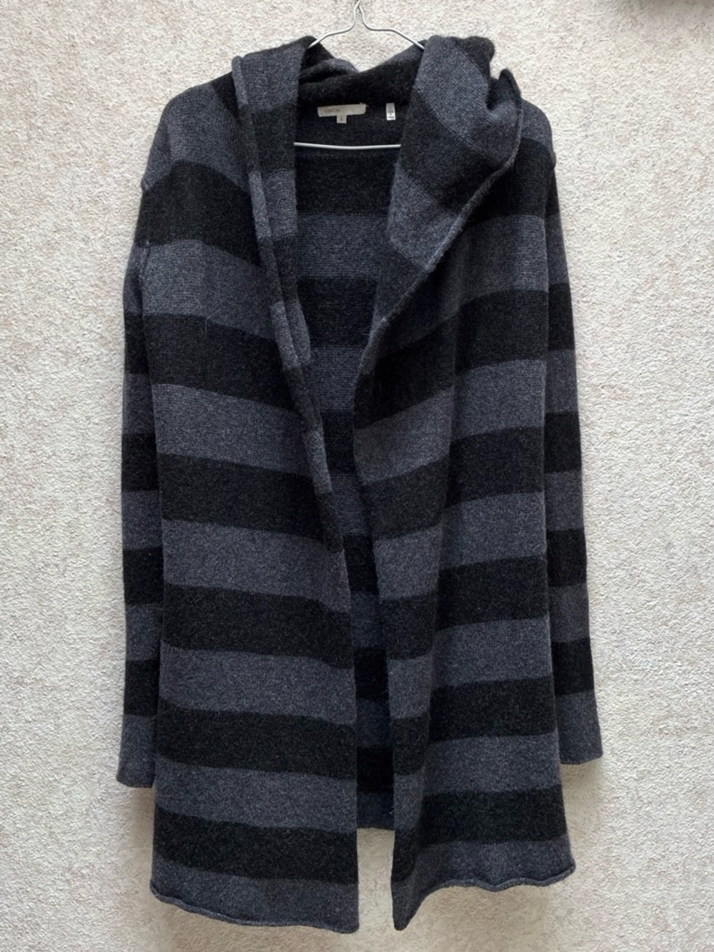 Vince Striped Hooded Open Cardigan Sweater - Black & Charcoal